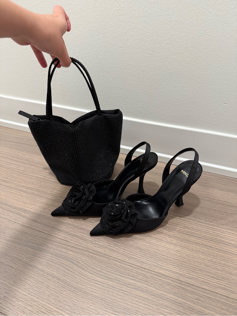Mango Black Slingback Pointed Heels with Beaded Rose and Matching Beaded Tote